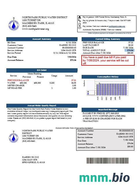 USA Illinois North Park Public Water District IL rachunek za usługi komunalne szablon w formacie Word i PDF